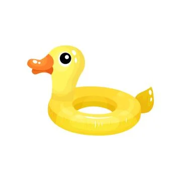 Inflatable swimming ring in shape of funny yellow duck. Floating beach toy Ilustración de archivo
