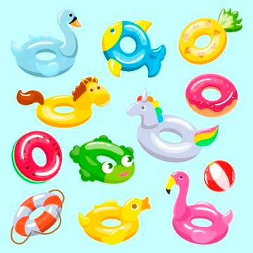 Inflatable vector inflated swimming ring and life-ring in pool for summer Stock Illustration