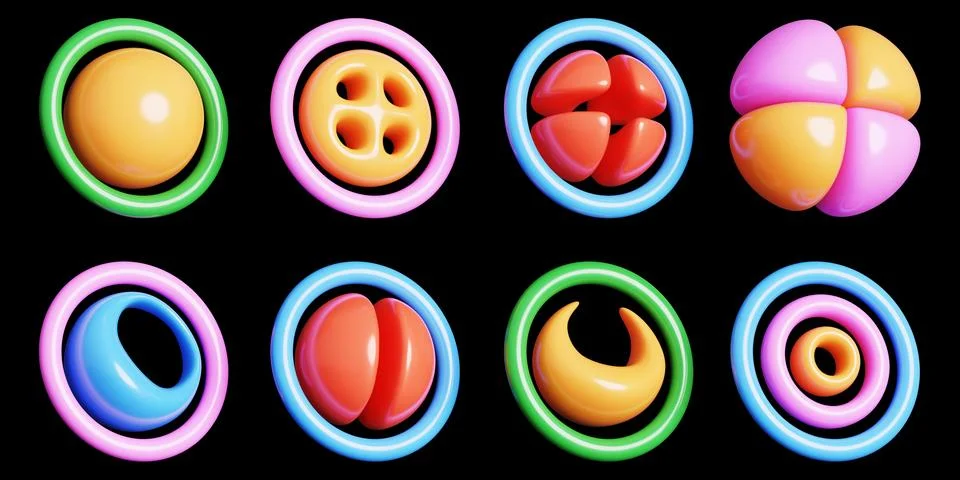 Inflated circle 3D shape set. Y2k colorful glossy plastic elements. Abstract Illustrazione stock