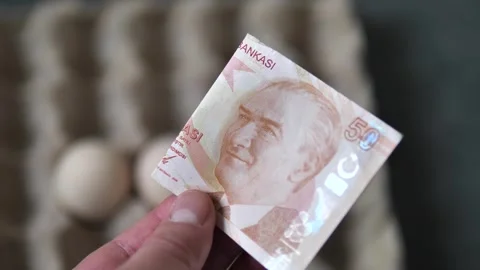 Inflation and increase in egg prices in Turkey, eggs with 50 Turkish banknote 스톡 동영상 260481712