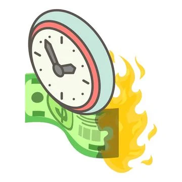 Inflation concept icon isometric vector. Round old clock and burning dollar bill Stock Illustration