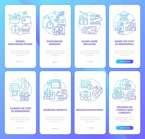 Inflation consequences blue gradient onboarding mobile app screen set Stock Illustration