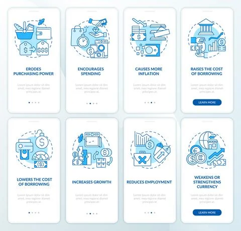 Inflation consequences blue onboarding mobile app screen set Stock Illustration