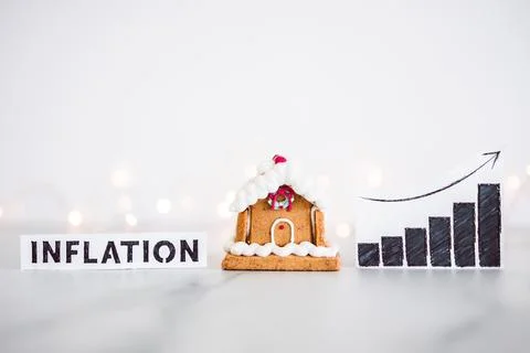 Inflation graph with stats going up next to gingerbread house, cost of livi.. Stock Photos
