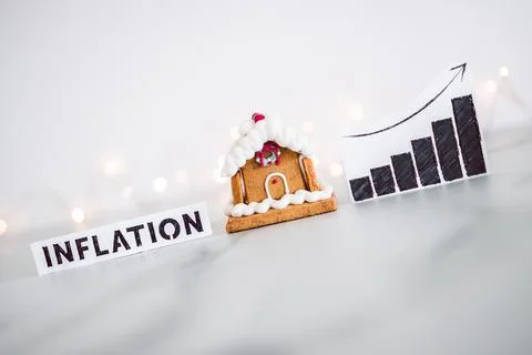 Inflation graph with stats going up next to gingerbread house, cost of livi.. Stock Photos