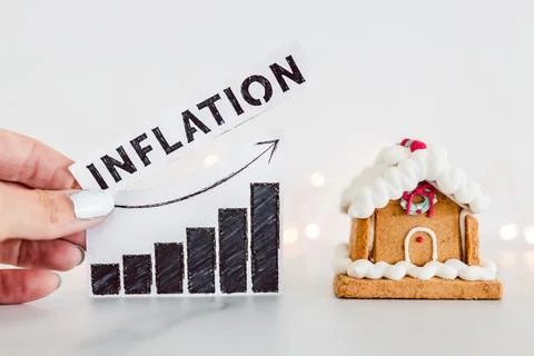 Inflation graph with stats going up next to gingerbread house, cost of livi.. Stock Photos