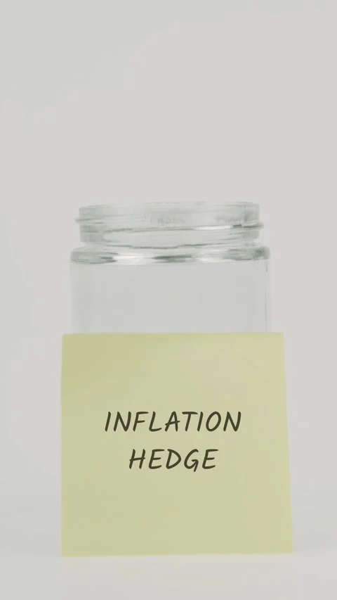Inflation hedge text or word on yellow sticky note attached to glass jar Stock Footage 311743536
