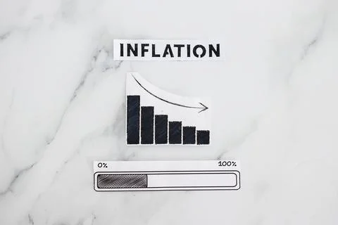 Inflation rates going down, text with graph showing stats decreasing and pr.. Stock Photos