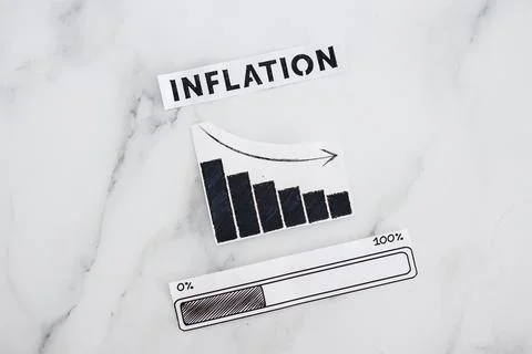 Inflation rates going down, text with graph showing stats decreasing and pr.. Stock Photos