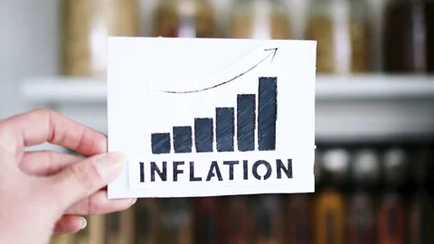 Inflation text and graphs showing prices of groceries going up in front of ti Stock Footage 200817613