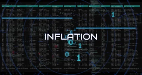 Inflation text animating over financial data and coding background Stock Footage 304766743