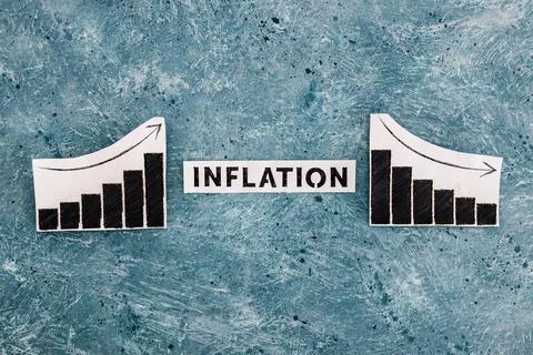 Inflation text in between graphs with stats going up then going down, economi Stock Photos