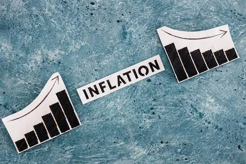 Inflation text in between graphs with stats going up then going down, economi 스톡 사진