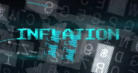 INFLATION title emerging from data pulse shifting, glitching and revealing map, Stock Footage 329946722