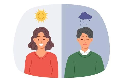 Influence climate on mood causes joy in woman during sunny weather or sadness in Stock Illustration