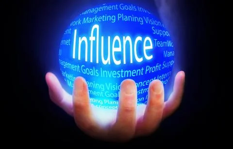 Influence globe in hand blue,concept background isolated black business Stock Illustration