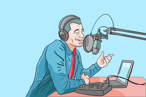 Influencer boardcasting in studio, DJ live in studio, Speaker speech make aud Stock Illustration