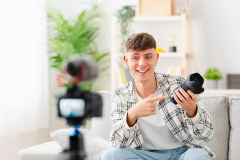 Influencer recording video tutorial at home 写真素材