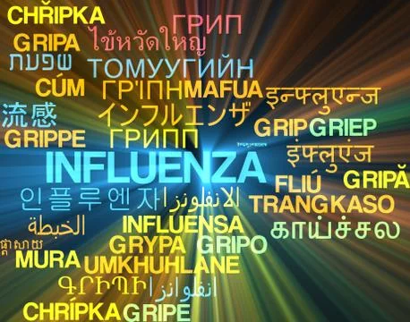 Influenza multilanguage wordcloud background concept glowing Stock Illustration