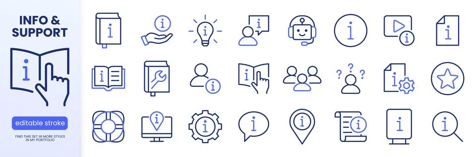 Info customer support line icons set. AI chatbot, tutorial, troubleshooting Stock Illustration