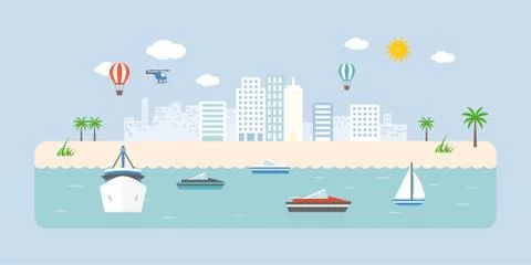 Info graphic and elements of town, transportation in sea Stock Illustration
