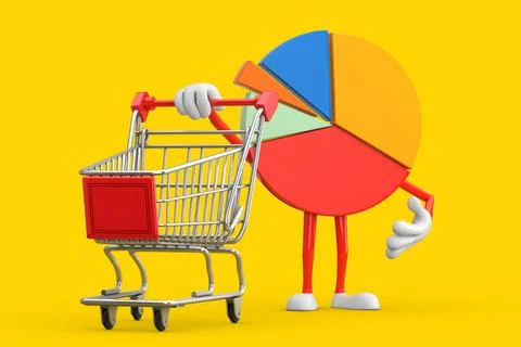 Info Graphics Business Pie Chart Character Person with Shopping Cart Trolley. Stock Illustration