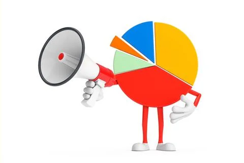 Info Graphics Business Pie Chart Character Person  with Red Retro Megaphone.  Stock Illustration
