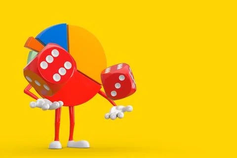 Info Graphics Business Pie Chart Character Person with Red Game Dice Cubes in Ilustración de archivo