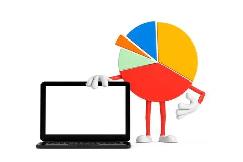 Info Graphics Business Pie Chart Character Person with Modern Laptop Computer Stock-Illustration