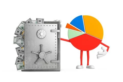 Info Graphics Business Pie Chart Character Person with Vault or Safe Box Full Ilustración de archivo