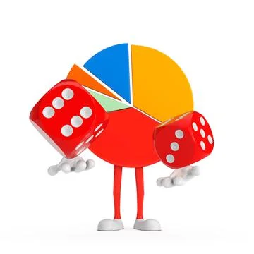 Info Graphics Business Pie Chart Character Person with Red Game Dice Cubes in Ilustración de archivo