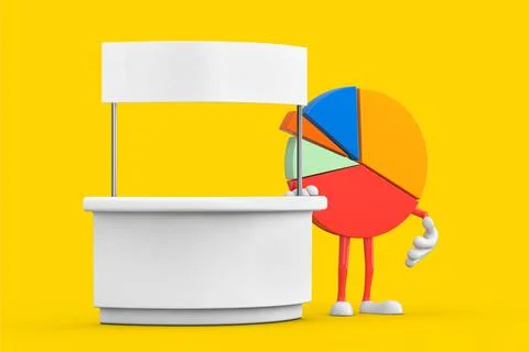 Info Graphics Business Pie Chart Character Person near Blank Promotion Stand  Illustrazione stock