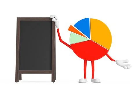Info Graphics Business Pie Chart Character Person with Blank Wooden Menu Blac Illustrazione stock
