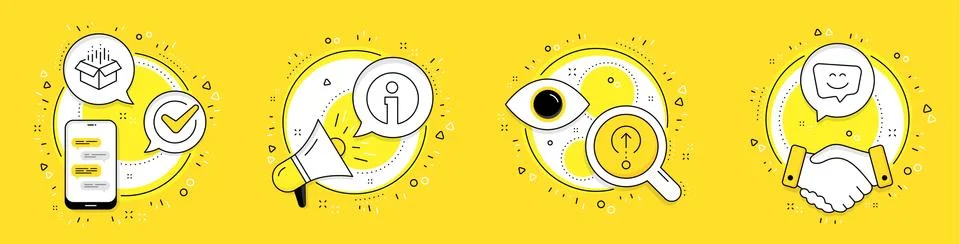 Info, Open box and Swipe up icons set. Smile face sign. Information, Delivery Stock-Illustration