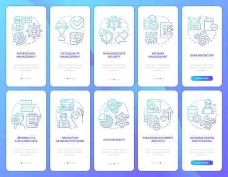 Info optimization process blue gradient onboarding mobile app screen set Illustrazione stock