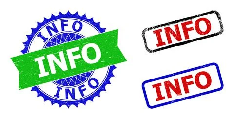 INFO Rosette and Rectangle Bicolor Stamp Seals with Grunge Textures Stock Illustration