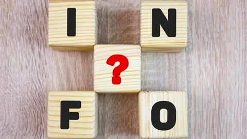 INFO text, word on wooden cubes with a question mark, data, animation, concept. Stock Footage 340017311