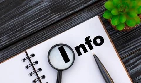 INFO - word written in a notebook with a magnifying glass, pen and cactus Stock Photos