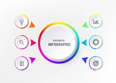Infograph 6 element with centre circle. Graphic chart diagram, business timeline Stock Illustration
