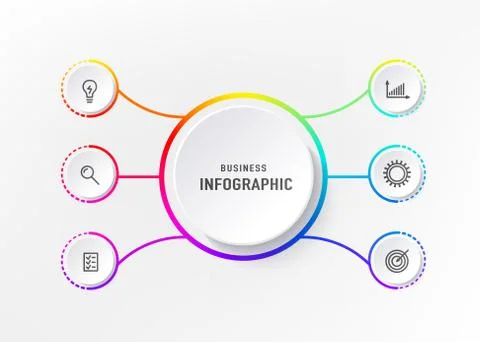 Infograph 6 element with centre circle. Graphic chart diagram, business timeline Stock Illustration