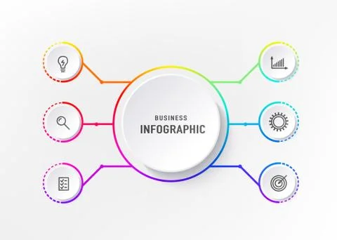 Infograph 6 element with centre circle. Graphic chart diagram, business timeline Stock Illustration