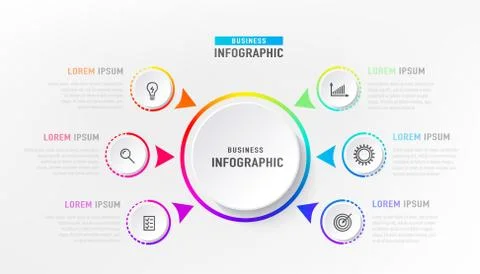 Infograph 6 element with centre circle. Graphic chart diagram, business timeline Stock Illustration