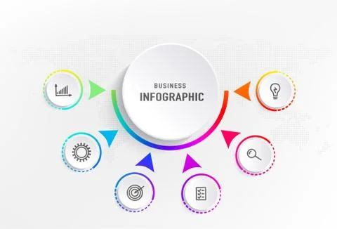 Infograph 6 steps element, diagram process with centre circle. Graphic chart Stock Illustration
