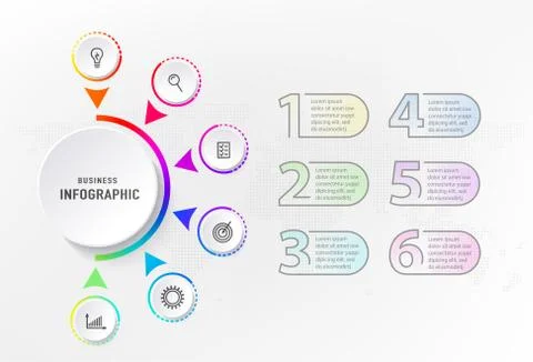 Infograph 6 steps element, diagram process with centre circle and numbers Stock Illustration