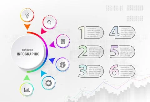 Infograph 6 steps element, diagram process with centre circle and numbers Stock Illustration