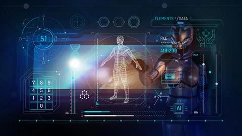 Infographic of artificial intelligence creation on sci-fi space background. Illustrazione stock