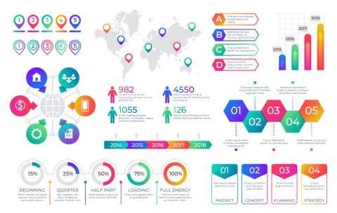 Infographic chart. Timeline graph elements with flow diagrams and percent line Stock Illustration