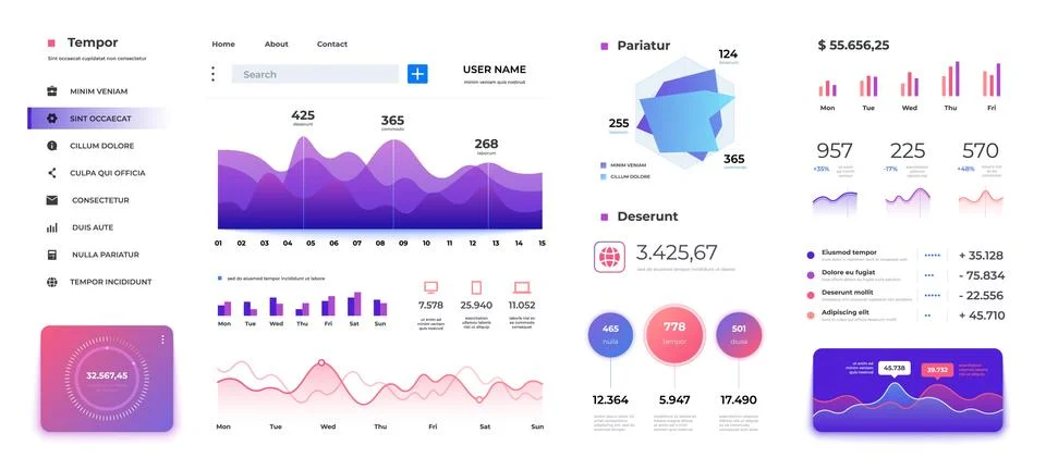 Infographic dashboard template. Admin panel ui, diagrams graphs and progress 스톡 일러스트