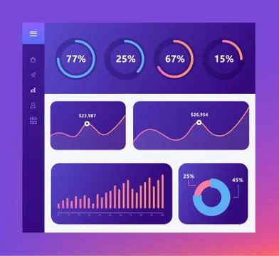 Infographic dashboard template with flat design graphs and charts, loading ob Stock Illustration