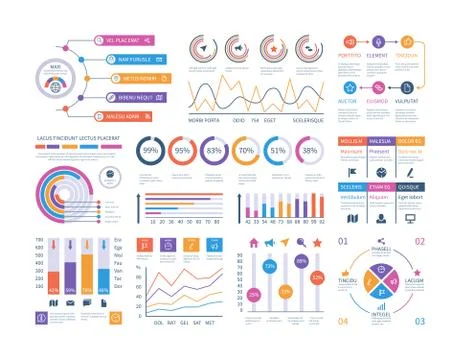 Infographic dashboard. Ui interface, information panel with finance graphs, pie Illustrazione stock